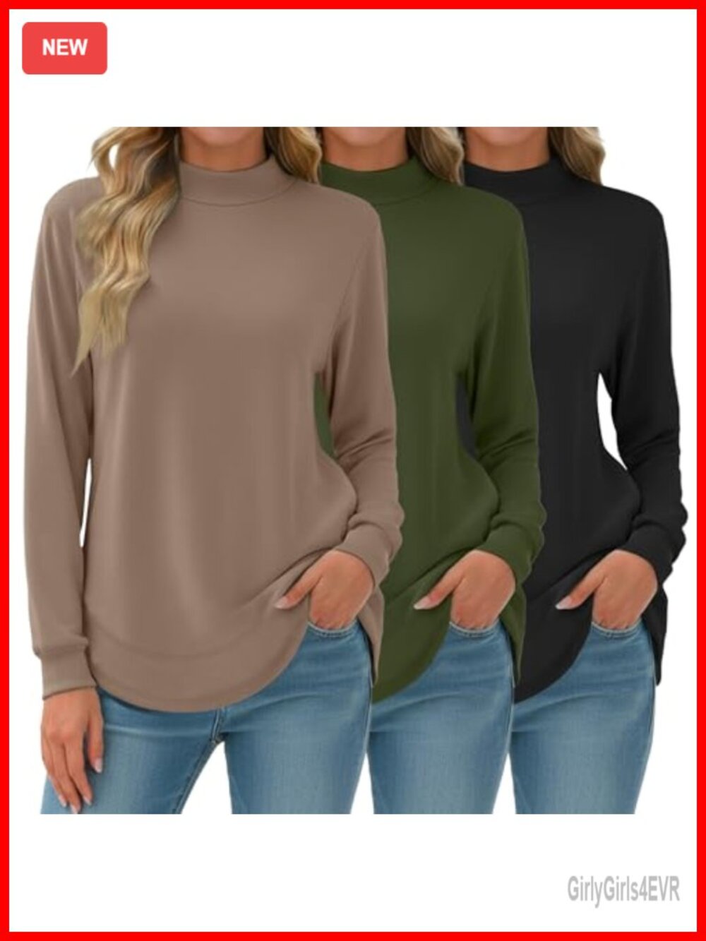 3 Pack Women's Mock Neck Sweatshirts Long Sleeve Loose Fit Cotton Tops